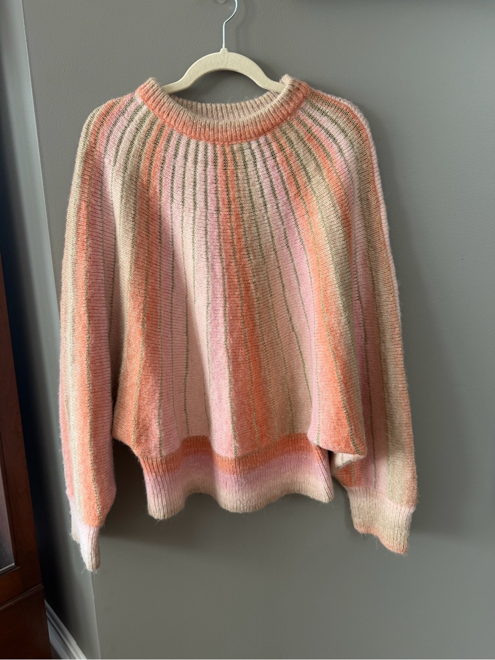 Molly Bracken Pink & Peach w Gold Striped Crewneck Sweater. Large